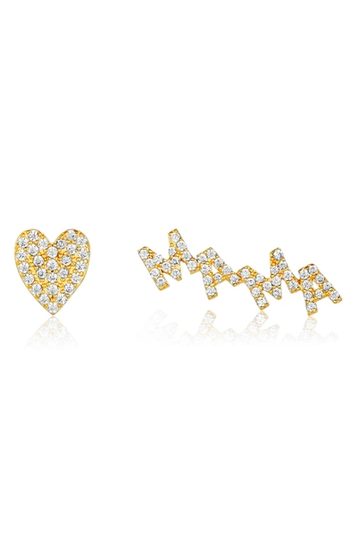 Adornia 14k Gold Plated Pave Swarovski Crystal Mismatched Heart & Mama Stud Earrings In Yellow