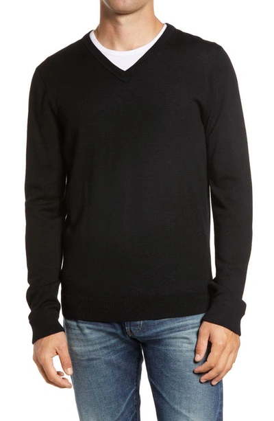 Nordstrom Men's Shop Washable Merino V-neck Sweater In Black Caviar