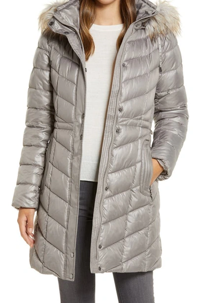 Gallery Faux Fur Trim Hooded Puffer Jacket In Granite