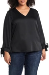 Cece Tie Sleeve Satin Blouse In Rich Black