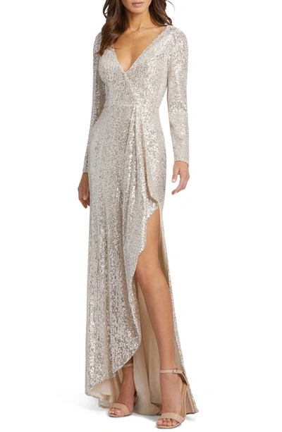 Ieena For Mac Duggal Long Sleeve Sequin Wrap Gown In Silver