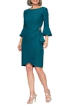 Alex Evenings Bell-sleeve Draped Compression Sheath Dress In Deep Teal