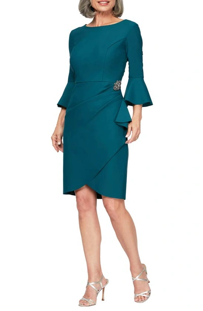 Alex Evenings Bell-sleeve Draped Compression Sheath Dress In Deep Teal