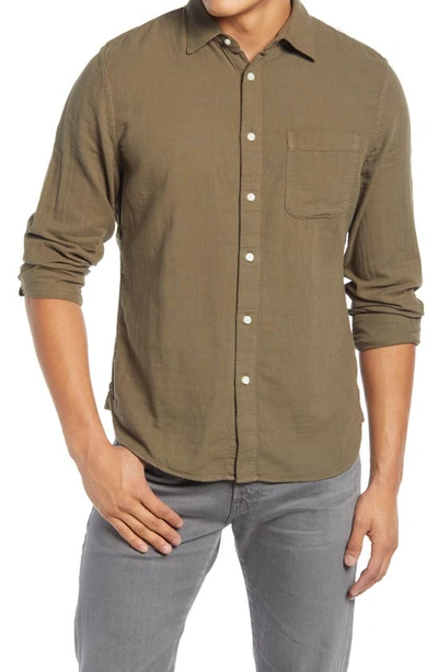 Kato Slim Fit Double Gauze Organic Cotton Button-up Shirt In Military Green