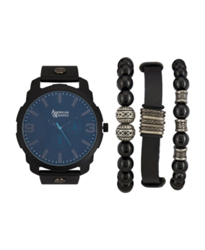 American Exchange Men's Black Analog Quartz Watch And Holiday Stackable Gift Set