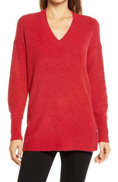 Halogenr Cozy V-neck Tunic Sweater In Red Scooter