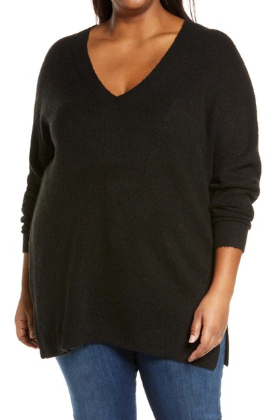 Halogenr Ribbed V-neck Tunic Sweater In Black