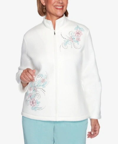 Alfred Dunner Women's Plus Size St. Moritz Asymmetric Floral Embroidery Polar Fleece Jacket In Ivory