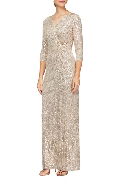 Alex Evenings Sequinned Surplice Gown In Taupe