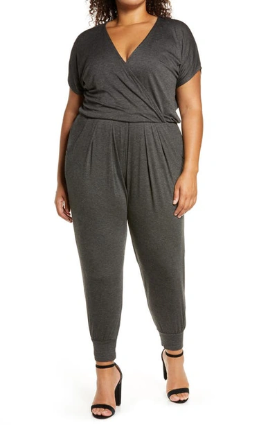 Loveappella Short Sleeve Wrap Top Jumpsuit In Charcoal