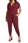 Loveappella Short Sleeve Wrap Top Jumpsuit In Burgundy