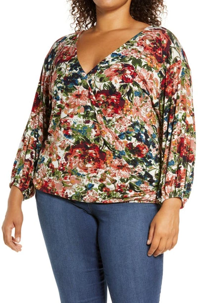 Loveappella Loveapella Wrap Front Blouson Top In Marsala/ Olive