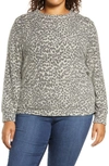 Loveappella Loveapella Brushed Leopard Print Long Sleeve Crewneck Top In Ivory/ Charcoal