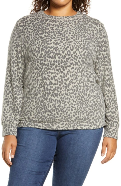 Loveappella Loveapella Brushed Leopard Print Long Sleeve Crewneck Top In Ivory/ Charcoal