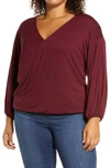 Loveappella Wrap Front Blouson Top In Dark Burgundy