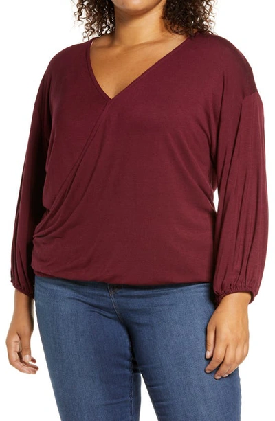 Loveappella Wrap Front Blouson Top In Dark Burgundy