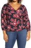 Loveappella Wrap Front Blouson Top In Navy/ Burgundy