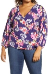 Loveappella Loveapella Wrap Front Blouson Top In Azalea/ Plum