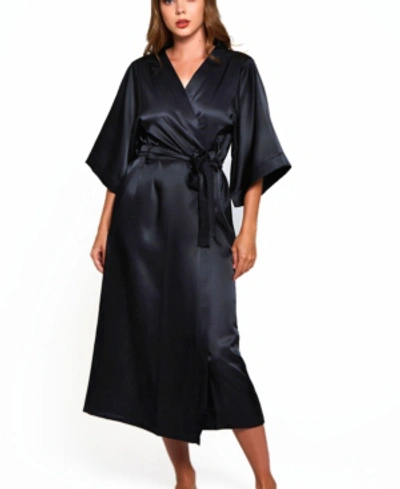 Icollection Victoria Plus Size Satin 3/4 Sleeve Long Robe In Black
