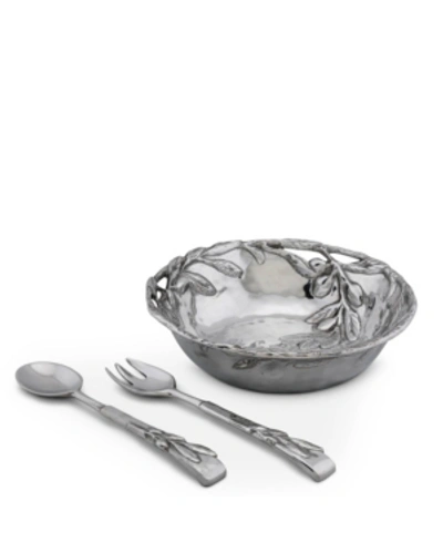 Arthur Court Sand-cast Aluminum Salad Set, Olive Pattern, 3 Pieces Bowl Plus 2 Servers In Silver