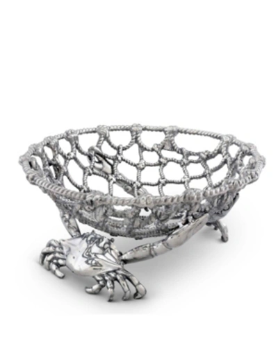 Arthur Court Fruit Centerpiece Basket "crab And Net" Ocean, Seacoast Aluminum Hand Polished In Silver