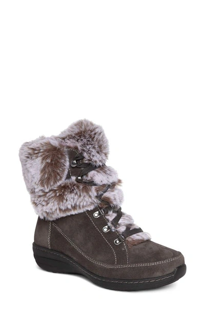 Aetrex Fiona Faux Fur Trim Waterproof Bootie In Charcoal Suede