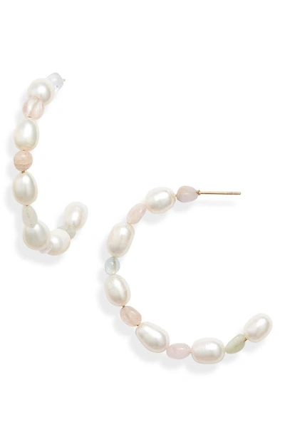 Knotty Imitation Pearl Hoop Earrings In White/ Rainbow