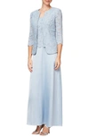 Alex Evenings Embroidered Lace Mock Two-piece Gown With Jacket In Hydrangea Blue