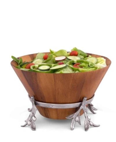 Arthur Court Acacia Wood Salad Bowl In Metal Stand, Sand-cast Aluminum Stand In Olive Pattern In Silver