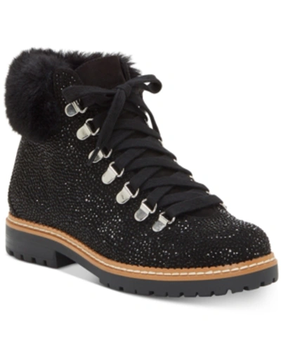 Inc International Concepts Women's Pravale Lace-up Lug Sole Hiker Bling Booties, Created For Macy's Women's Shoes In Black Bling