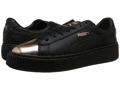 Puma Leather Basket Platform Metallic Sneakers In  Black-rose Gold