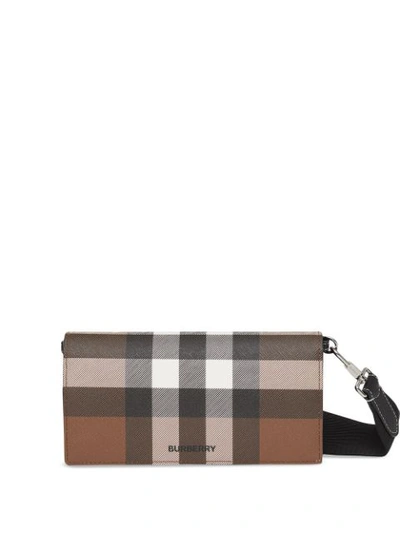 Burberry Ollie Check E-canvas Wallet With Detachable Strap In Dark Birch