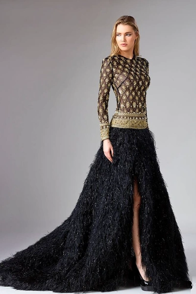 Divina By Edward Arsouni Black Long Sleeve Embroidered Evening Gown