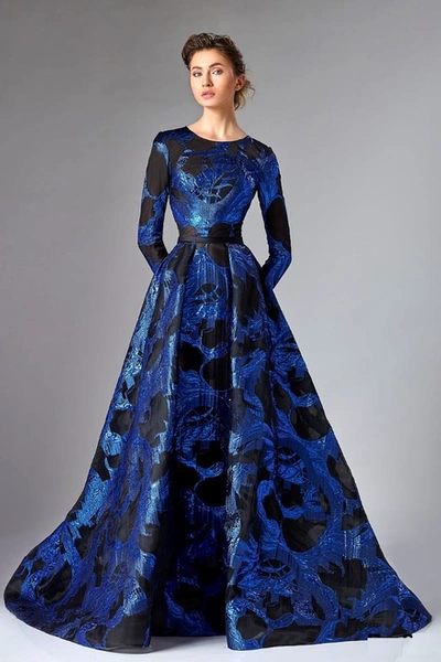 Divina By Edward Arsouni Blue Long Sleeve- Organza Evening Gown