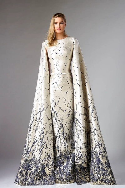 Divina By Edward Arsouni Cape Sleeve Brocade Evening Gown