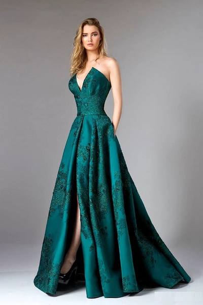 Divina By Edward Arsouni Green Strapless Floral Brocade Evening Gown