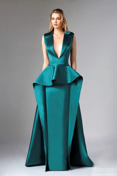 Divina By Edward Arsouni Green Sleeveless Satin Evening Gown