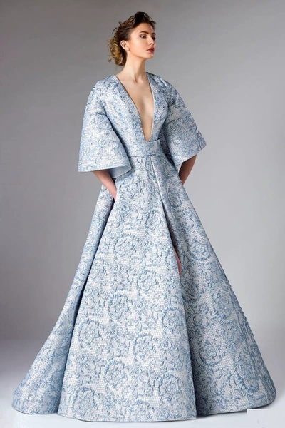 Divina By Edward Arsouni Plunging V Neck Blue Jacquard Gown