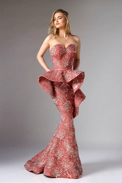 Divina By Edward Arsouni Red Gold Strapless Brocade Evening Gown