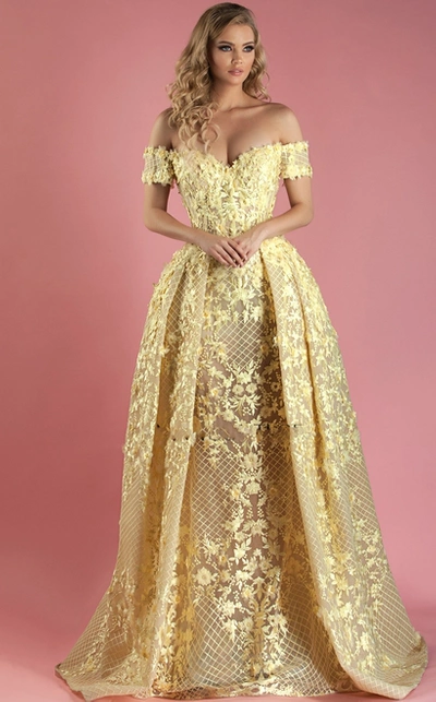Mnm Couture Off The Shoulder Yellow Floral Evening Gown