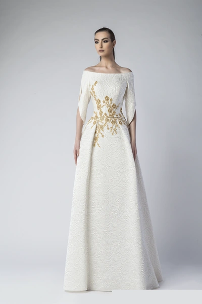 Divina By Edward Arsouni Off Shoulder Macrame Rebrode Gown