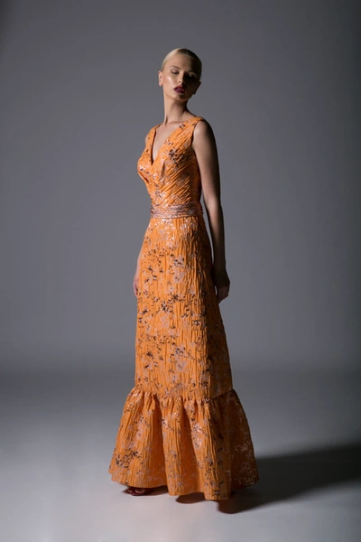 Divina By Edward Arsouni Orange Sleeveless Jacquard A-line Evening Gown