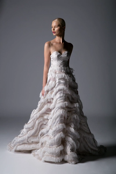 Divina By Edward Arsouni Strapless Feathered Evening Gown