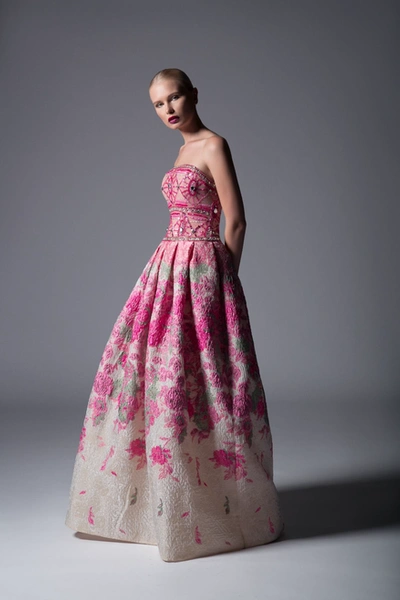 Divina By Edward Arsouni Strapless Floral Embroidered Organza Gown