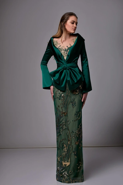 Edward Arsouni Embroidered Lace Gown With Satin Blazer