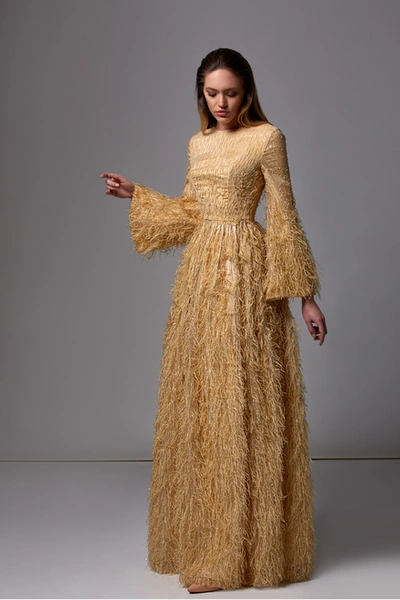 Edward Arsouni Long Bell Sleeve Feather Gown