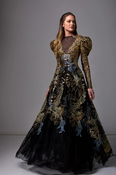 Edward Arsouni Sequined Tulle Long Sleeve Gown