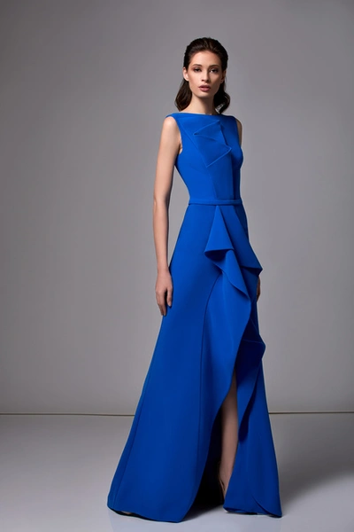 Edward Arsouni Sleeveless Crepe Ruffle Slit Gown