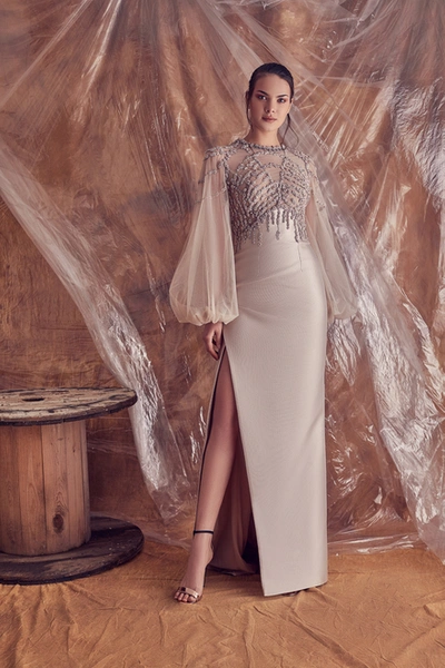 Gatti Nolli By Marwan Agustina Long Sleeve Beaded Gown