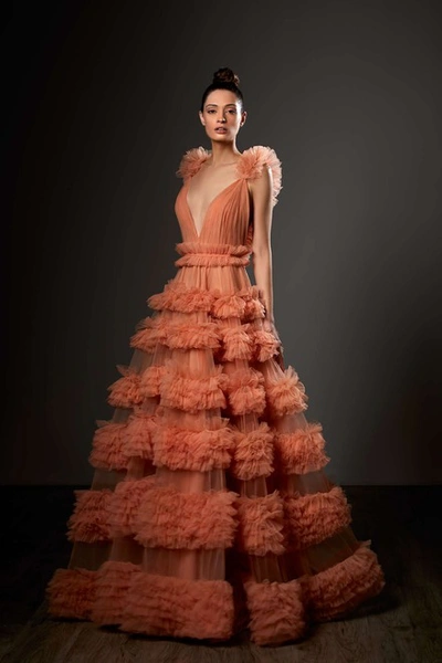 Ziad Germanos Tiered Ruffled V-neck A-line Gown In Rust